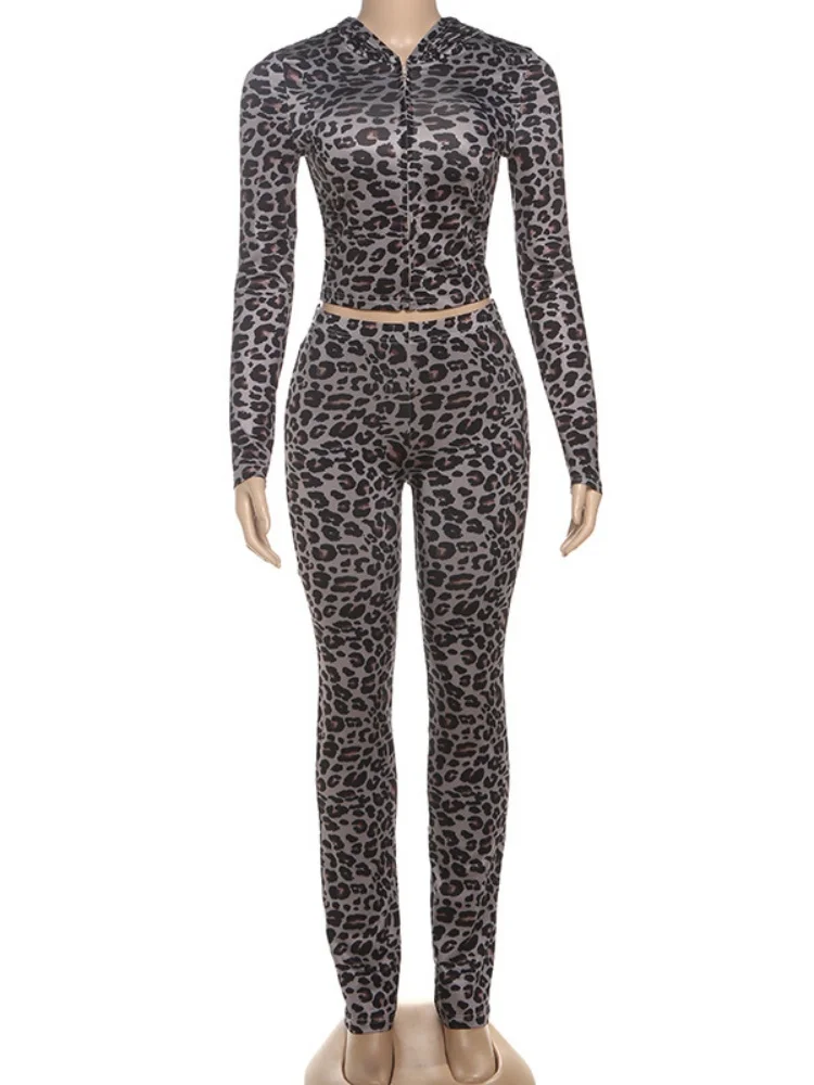 Wmstar Women Two Piece Set Wholesale Sexy Fall Winter New Fashion Hooded Leopard Print Long Sleeved Sporty Slim Fit Trousers