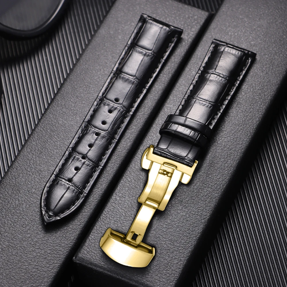 Elegant Genuine Leather Men's Watch Strap with Metal Butterfly Buckle