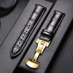 Elegant Genuine Leather Men's Watch Strap with Metal Butterfly Buckle - 22mm (Black - Gold)