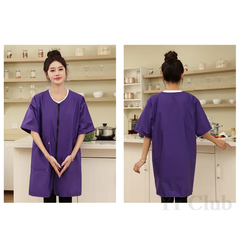 Short Sleeved Kitchen Women's Waterproof And Oil Resistant Kitchen And Home Coat Work Clothes  Pet Clothing Two Way Zipper Apron 3