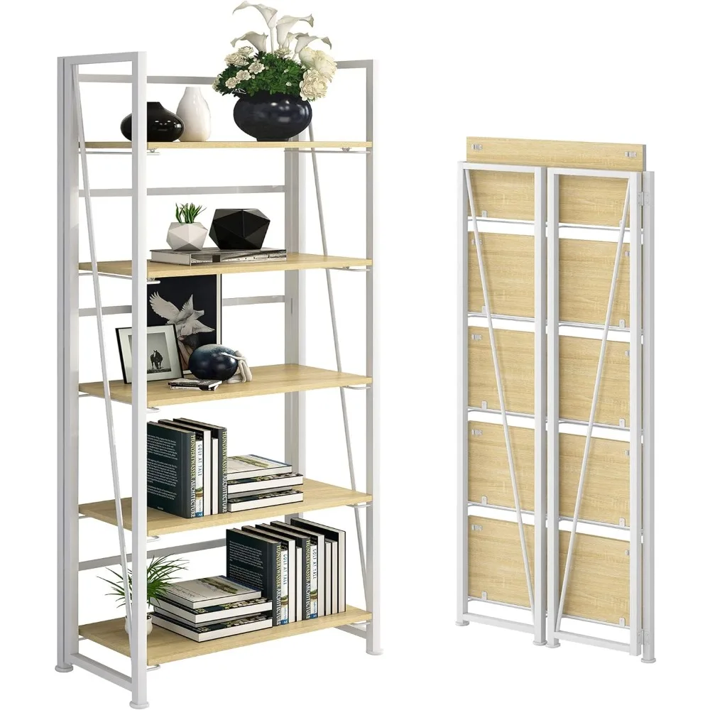 

No-Assembly Folding Bookshelf Storage Shelves 5 Tiers Vintage Multifunctional Plant Flower Stand Storage Rack Bookcase (White)