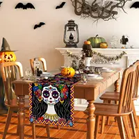 Mexican Day of The Dead Sugar Skull Linen Table Runners Dresser Scarf Decor Washable Dining Table Runners Party Decorations 6