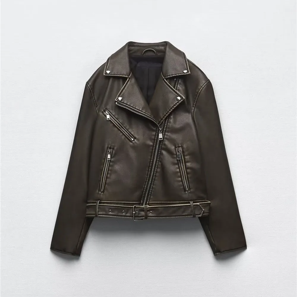 

Early autumn new fashion women's clothing handsome street trend all-match lapel long-sleeved faux leather motorcycle jacket