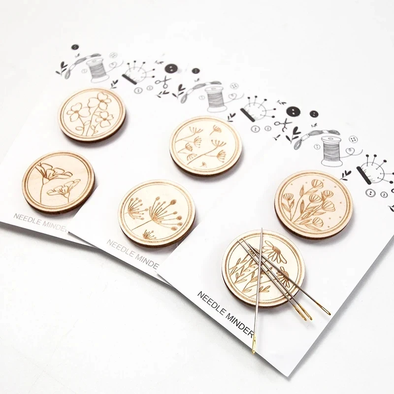 Cross Stitch Wood Needle Minder Round Sewing Magnet Needle Keeper Embroidery Carved Flower Pattern Needlework Accessories 2Pcs