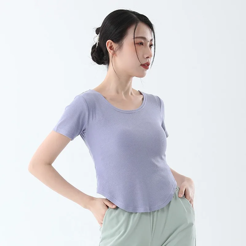 Adult Female Costumes Short Sleeve Rib Tee Shirt Ballet Dance Classic Basic  Top 2 Way Wear Ballerina Practice Body Rhythmic New