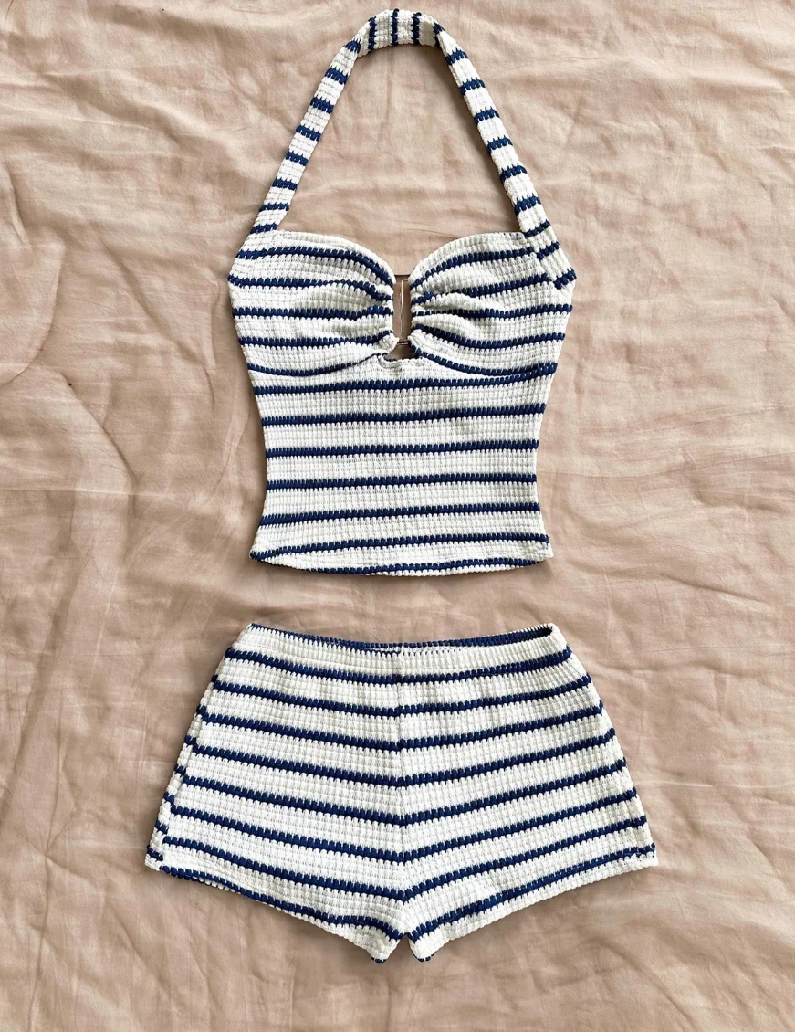 Women's Striped Knit Halter Neck Two-Piece Set, Summer Sleeveless Short Top and High-Waisted Shorts Beach Vacation Set 3