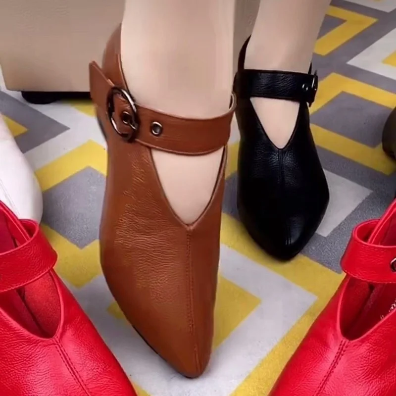 2022 Summer New Solid Color All-match High-heeled Shoes Women's Buckle Soft-faced Pointed Toe Thick-heeled Leather Shoes Women