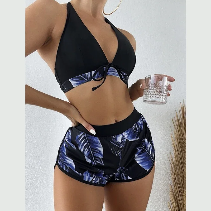 New Women's Backless Padded Breast Bikini Set Printed Boxer Shorts Sexy Non-steel Ring Surf Swimming Costume Three-piece Set