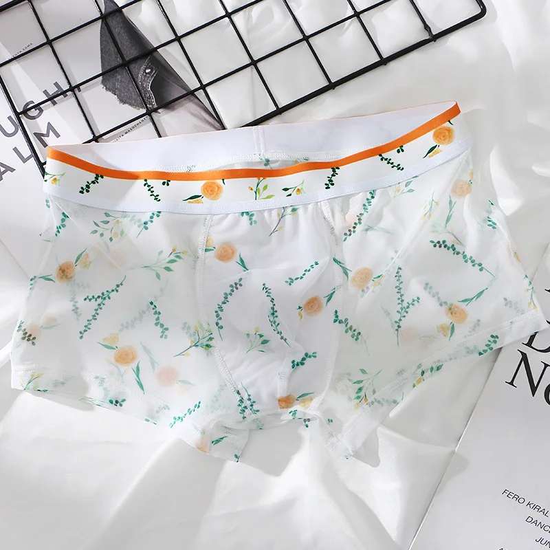 Men's Boxers Briefs Summer Ice Silk Underwear Mesh Transparent Panties Floral Fruit Printed Ultra-Thin Breathable Underpants