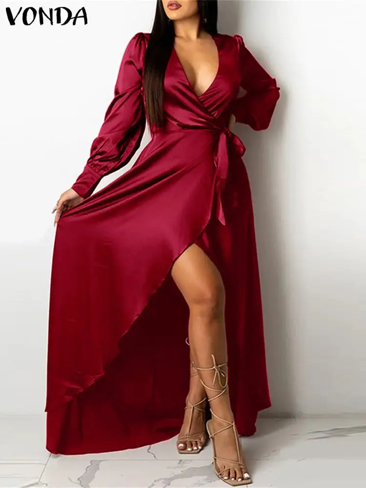 

Elegant Women Party Satin Maxi Dress VONDA Fashion Long Sleeve Irregular Hem Sexy V-Neck Sundress Solid Bandage Long Vestido