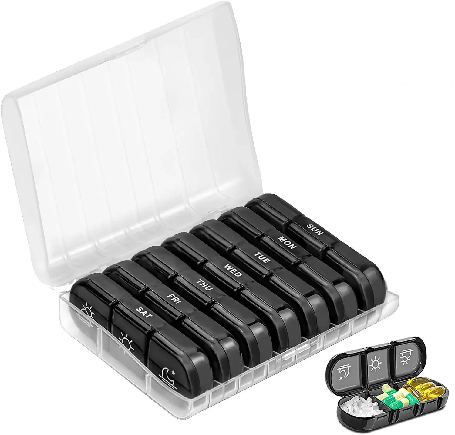 Portable Black Pill Organizer with 21 Weekly Compartments