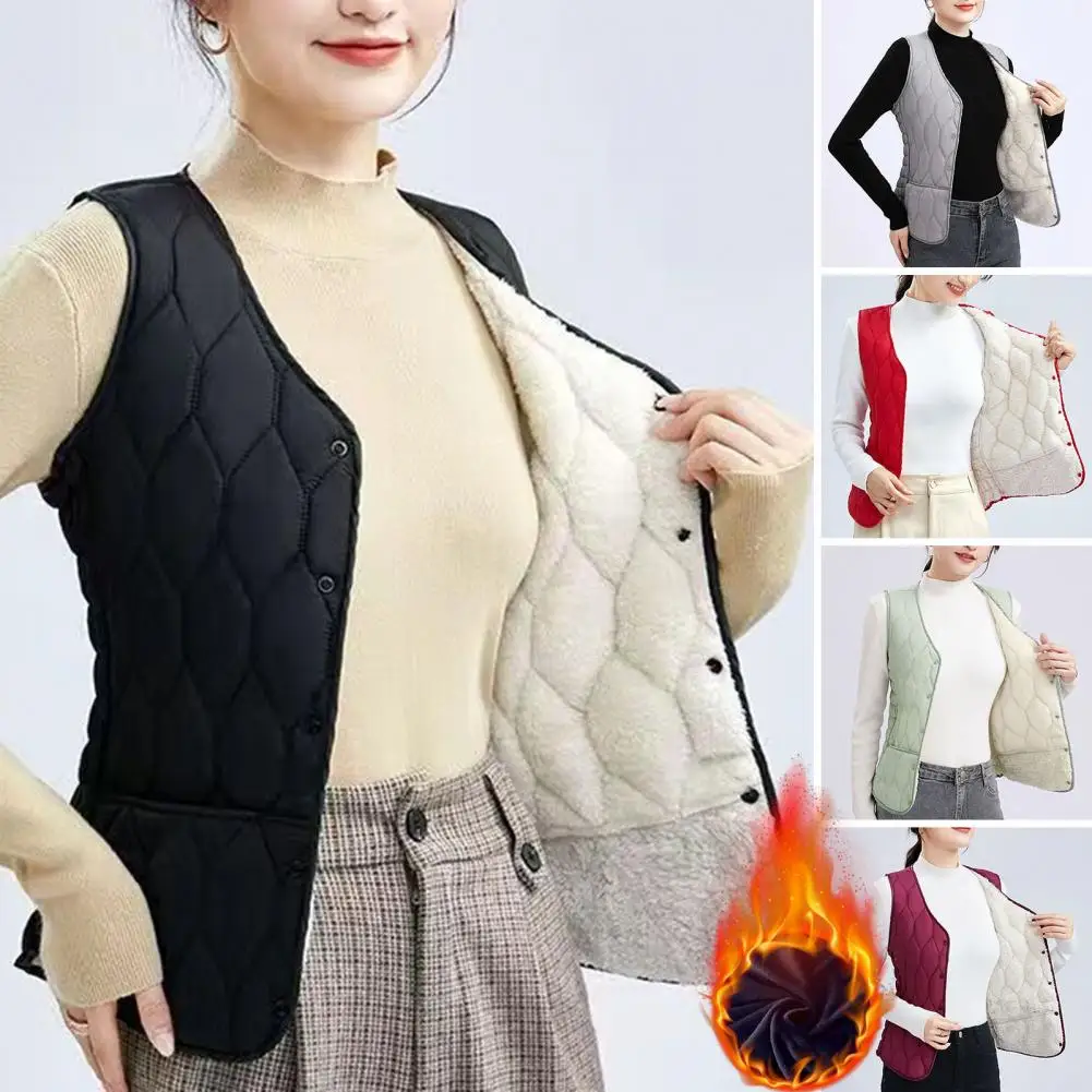

Women Autumn Winter Vest Coat Sleeveless Padded Plush Warm Vest Jacket Windproof Single-breasted Cardigan Casual Waistcoat