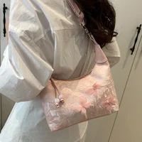 Sweet Embroidery Shoulder Bag Nylon Texture Pearl Pendant Crossbody Bag Small Bucket Handbag Women Girl - Image 5