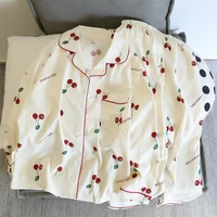 Cherries Print Two Pieces Pajamas Set Autumn Faux Cotton Pajamas Korean Fashion Home Clothes Ladies Pants and Top Set Pijamas - Image 2