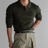 Spring Autumn New Style Korean Version Men's Knitted Slim Fit Polo Shirt Pure Color Ribbed Elastic Collar Male Top