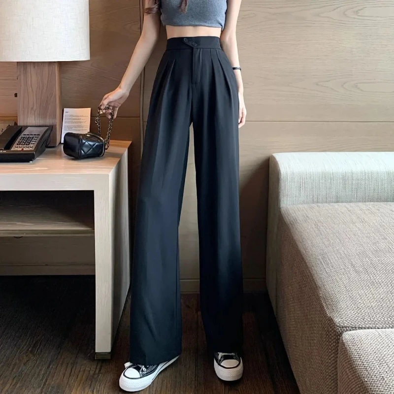

Straight Wide Leg Pants Women Korean Fashion High Waist Trousers Spring Summer Casual Solid Loose Harajuku Pleated Suit Pants