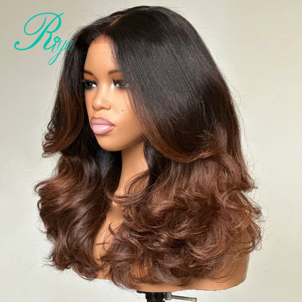 Ombre Chocolate Brown 4X4 5X7 Pre Cut Glueless Wig Body Wave Wig Brazilian Human Hair Glueless 360 Full Lace Wigs for Women