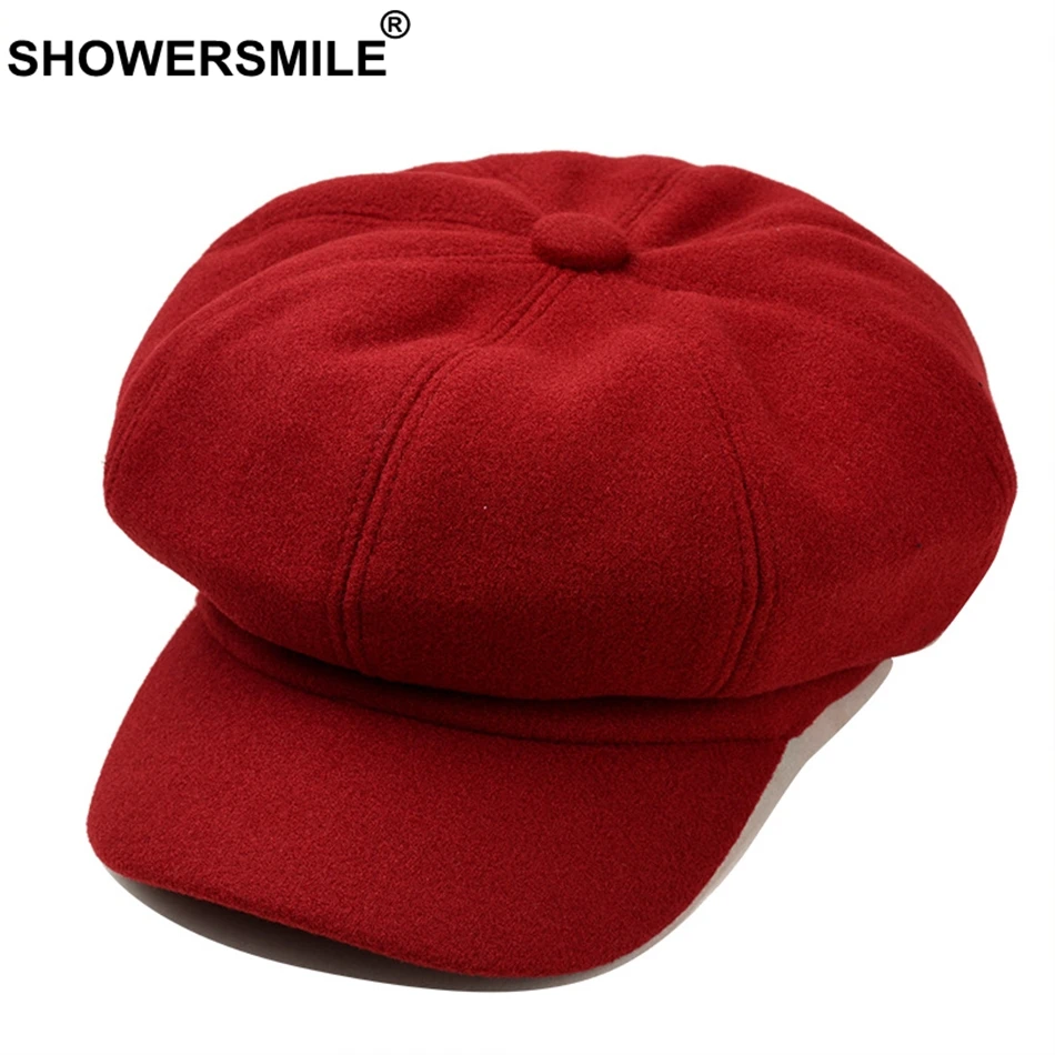SHOWERSMILE Womens Newsboy Caps Beret Solid Wool Octagonal Cap Ladies Pink Painters Hat Female Autumn Colorful French Artist Hat