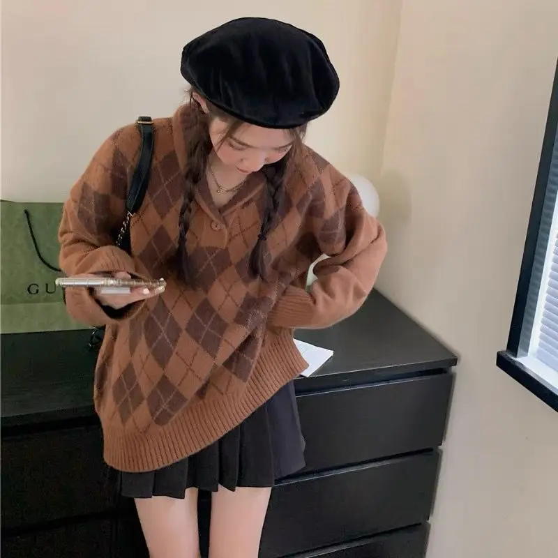 

Корейский модный Свободный пуловер, свитер для женщин, 2023, Ранняя осень, Ретро стиль, возраст, вязаный, с длинным рукавом, Повседневный пуловер, свитер