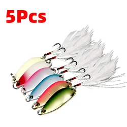 5Pcs 2.5-4g Multicolor Feather Bait Spoon Hard Bait Metal Fishing Tackle Single Hook Sequin Fresh Water Brine Rotator Sharp Hook