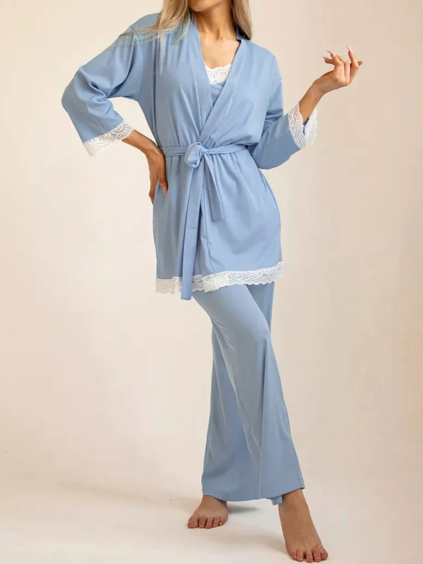 Marthaqiqi Lace Long Sleeve Robe 3 Piece Suit Sexy V-Neck Lace Up Bathrobe Sexy Spaghetti Strap Pajamas Pants Women Nightie Set