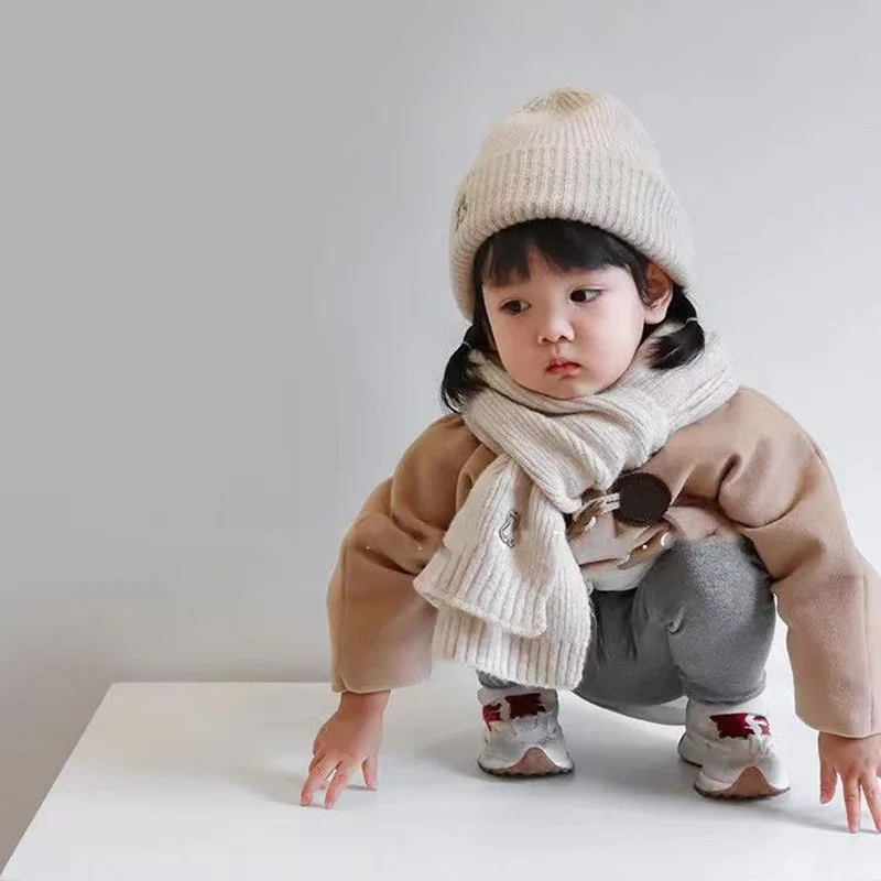 Letter Baby Hat Scarf Set Winter Korean Thick Warm Boy Girl Knit Pullover Hats Neck Cover Outdoor Kids Windproof Neckerchief