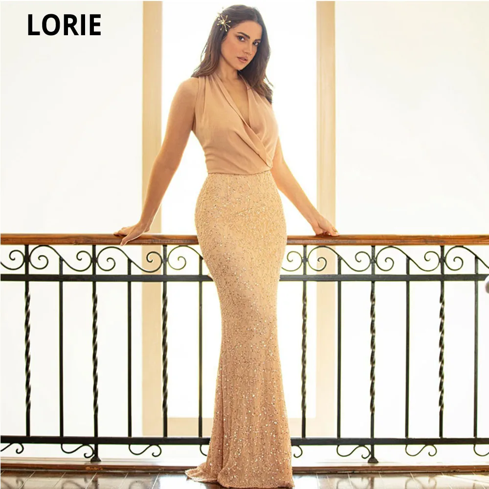 

LORIE New Arrival Champagne Mermaid Prom Dresses V-neck Halter Full Length Formal Women Gown Long Party Dress Vestidos De Fiesta