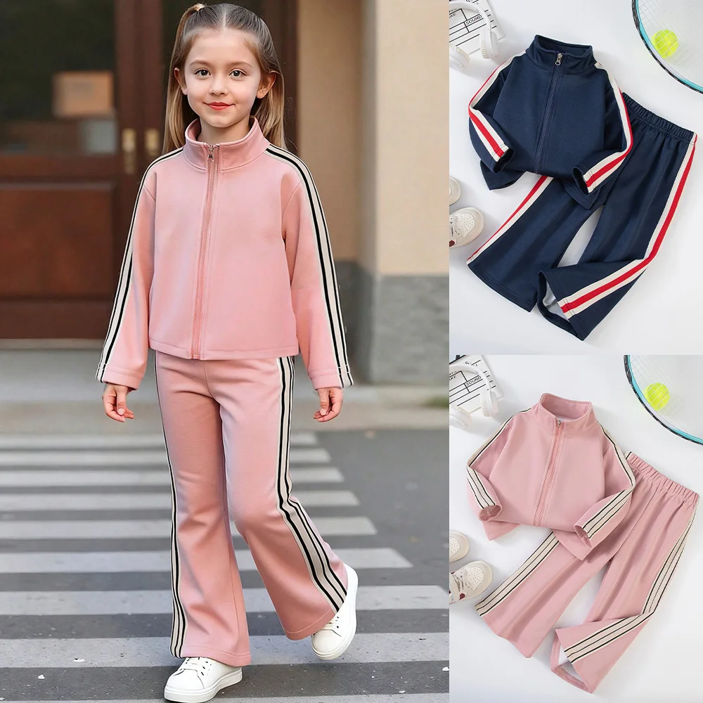 مجموعة الربيع/الخريف للفتيات بأكمام طويلة وسحاب علوي وبنطلون مكون من قطعتين ملابس رياضية كاجوال عصرية للفتيات