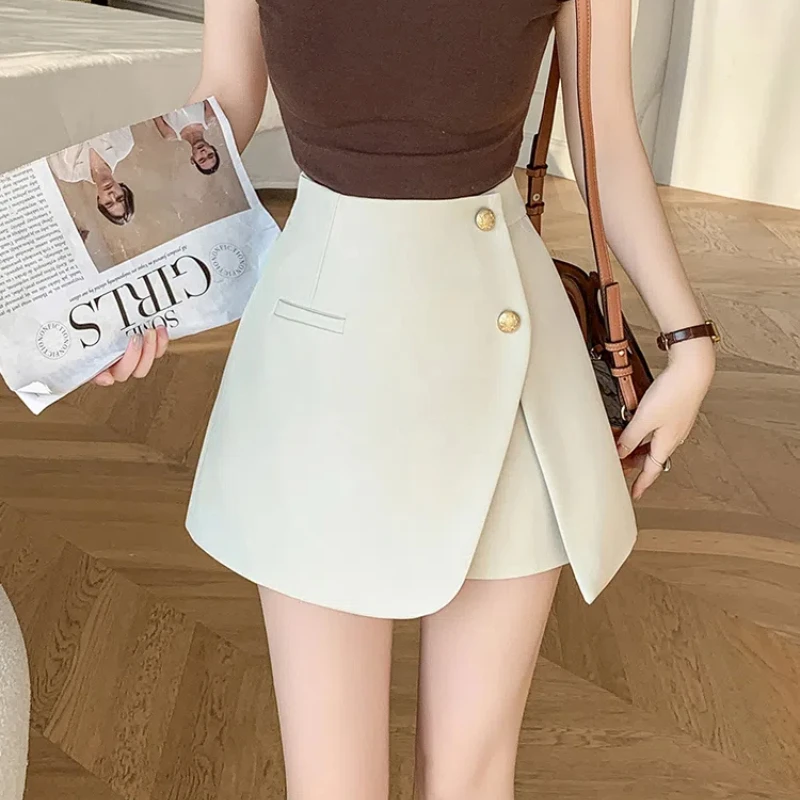 Korean Style Pink Fashion Buttons High Waist Shorts Skirts Womens New Spring Summer A-line Suit Shorts Ladies Casual Culottes 2