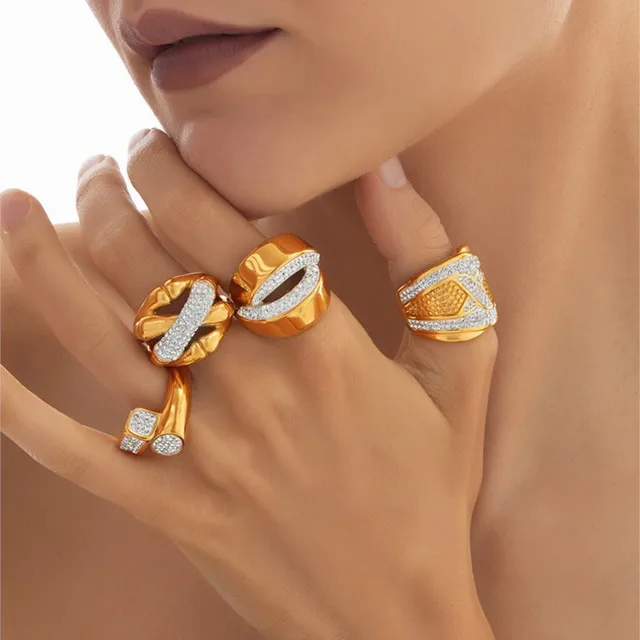 Waterproof Stainless Steel Gold Plated Ring For Women Inlaid Zircon Women's Geometric Golden Rings High-End Luxury Jewelry Woman 5