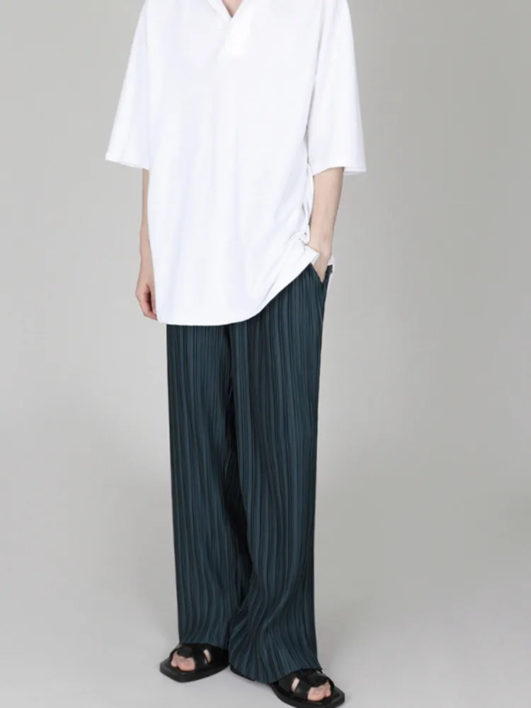 SYUHGFA Men Clothing Spring Autumn Ice Silk Pleated Wide Leg Pants Elastic Waist Causal Loose Straight Trousers For Male casual pants