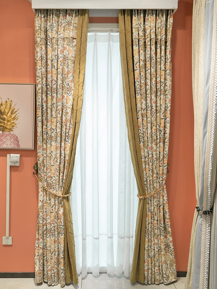 American Style Pastoral Jacquard Stitching Thickened Turmeric Velvet Curtains for Living Room Bedroom French Window Customized