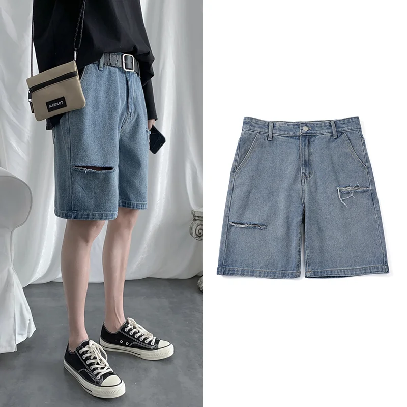 CUMUKKIYP Summer Men's Straight Denim Short Pants  Korean Fashion Casual Hole Baggy Youths Ripped Jeans Shorts