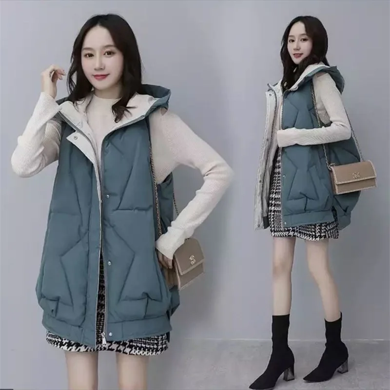 Autumn Vest Female New Korean Vest Lantern Hooded Cotton-Padded Jacket Women Long Loose Meat Cover Coat Cardigan Vest Women Tide fashion light luxury temperament lazy wind dress 2023 summer new loose thin cover meat long dress