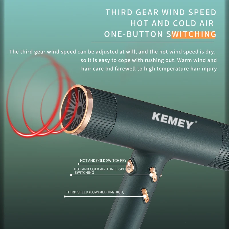 Kemei Professional Ionic Hair Dryer Powerful 1500W Fast Drying Low Noise Blow Dryer 2 Concentrator Nozzle 1 Diffuser Attachments 2