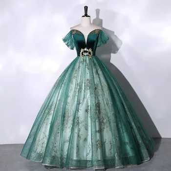 2026 Vocal Art Exam, Piano Performance, bel canto Solo Performance Dress, Ink Green Velvet Fashion Evening Dress, Female Host 1