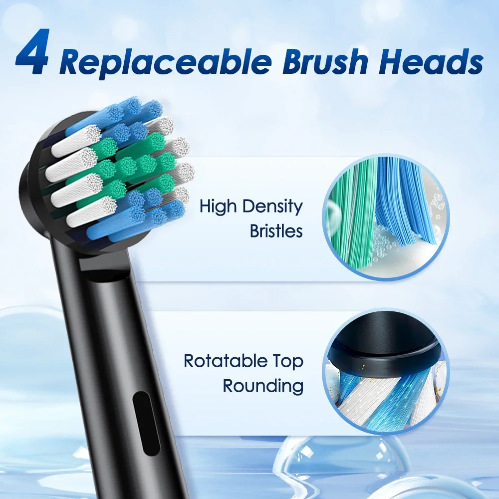 Smart Round Rotating Electric Toothbrush for Adults 5 Cleaning Mode USB Rechargeable 4 Replacement Heads Timed reminder