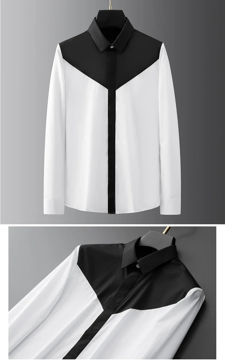 Description Picture 3 of itemBlack White Men's Shirts Luxury Long Sleeve Splicing Business Casual Male Dress Shirts Fashion Slim Fit Party Man Shirts