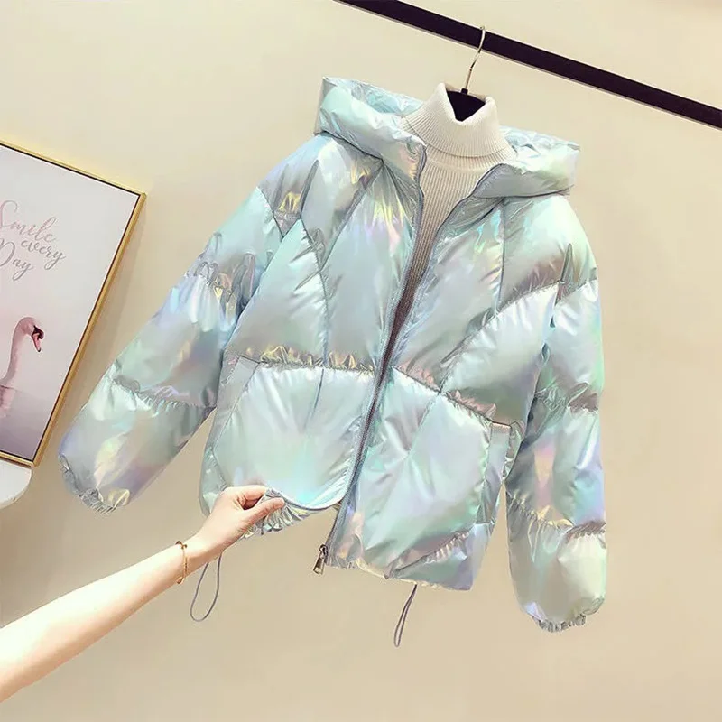 Women Bright Color Winter Jacket 2023 Korean Fashion Long Sleeve Short Parkas Snow Wear Warm Hooded Cotton Padded Outwear S-2xl