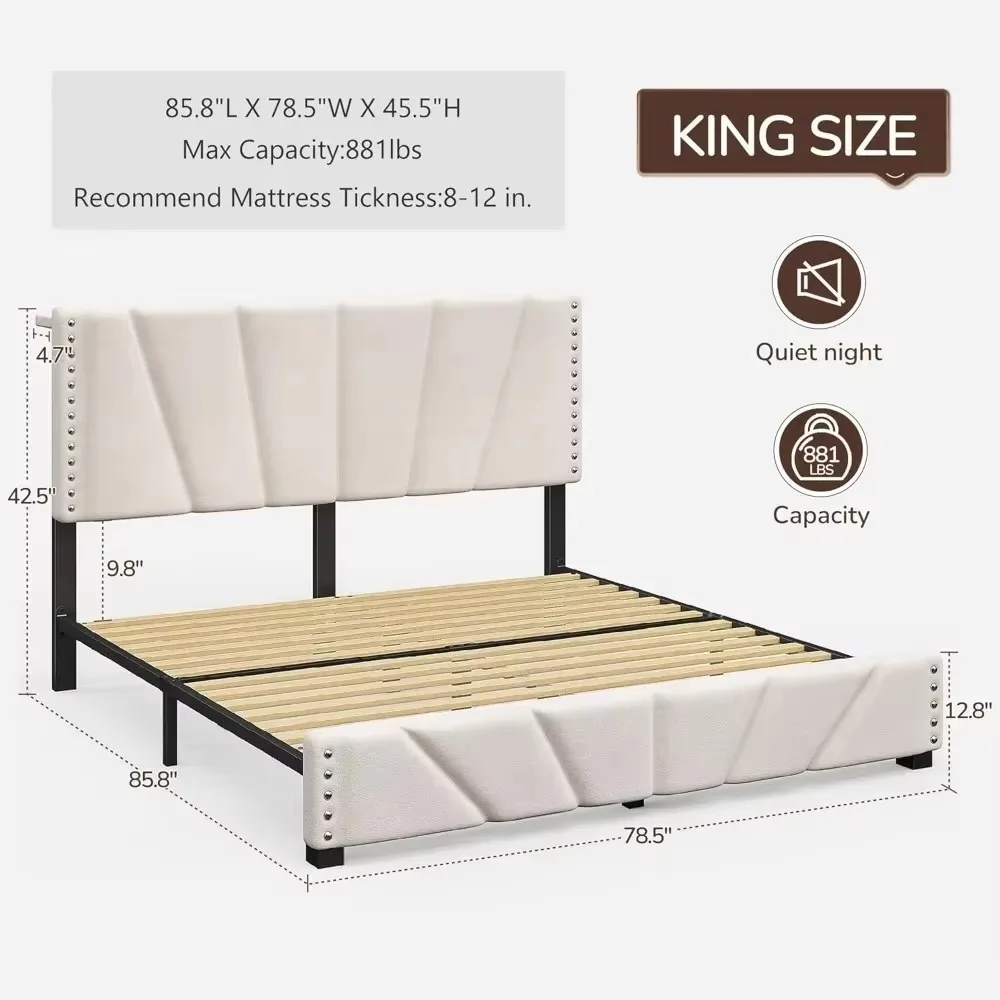 King Size Bed Frame, Storage Headboard Platform Bed with Charging Station and LED Lights, Sturdy Wooden Slats Support 2