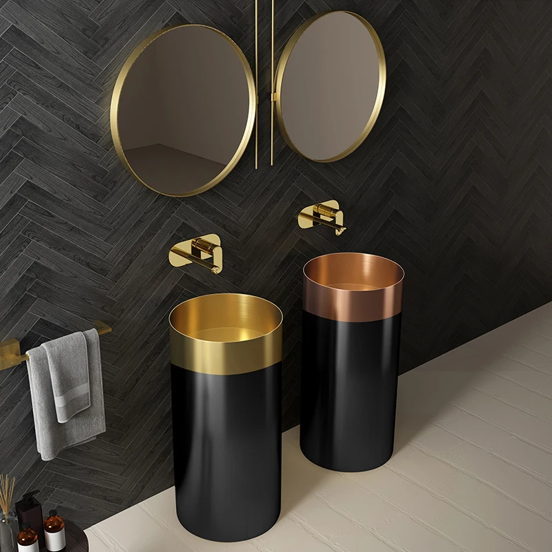 

Cylindrical two-color stainless steel column basin, floor-to-ceiling column washbasin, hotel washbasin and basin in one