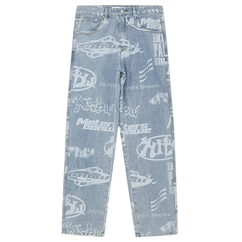 Metersbonwe Jeans Men Summer Printing Straight Denim Pants Straight Leg Trousers  New Loose Pant Male 100 Cotton Dyeing Bottoms