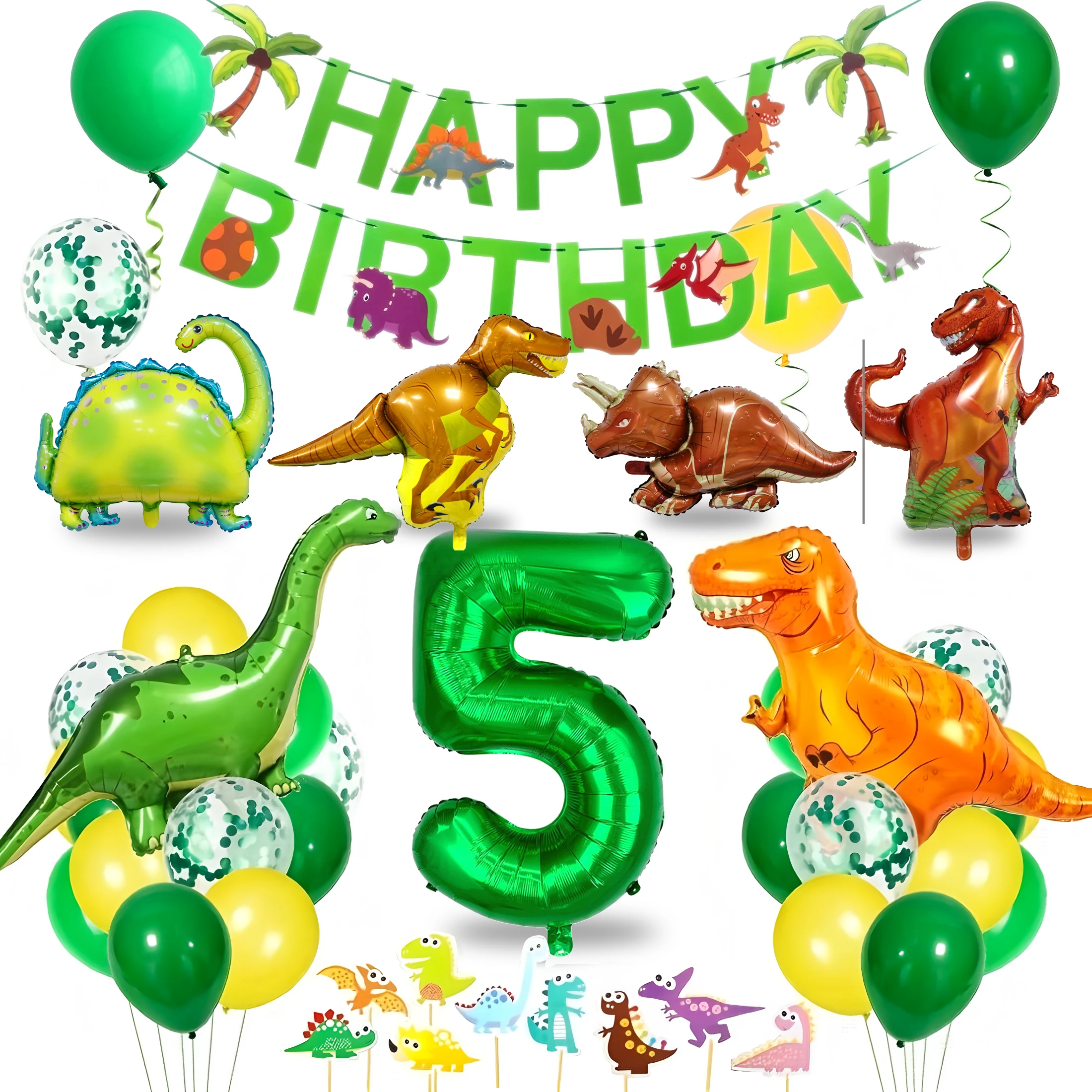 Dinosaurier-Geburtstagsparty-Zubehör für Kinder im Alter von 2–6 Jahren, Folienballons-Set mit Banner, Tortenaufsatz, Dekorations-Set (Jungen und Mädchen)