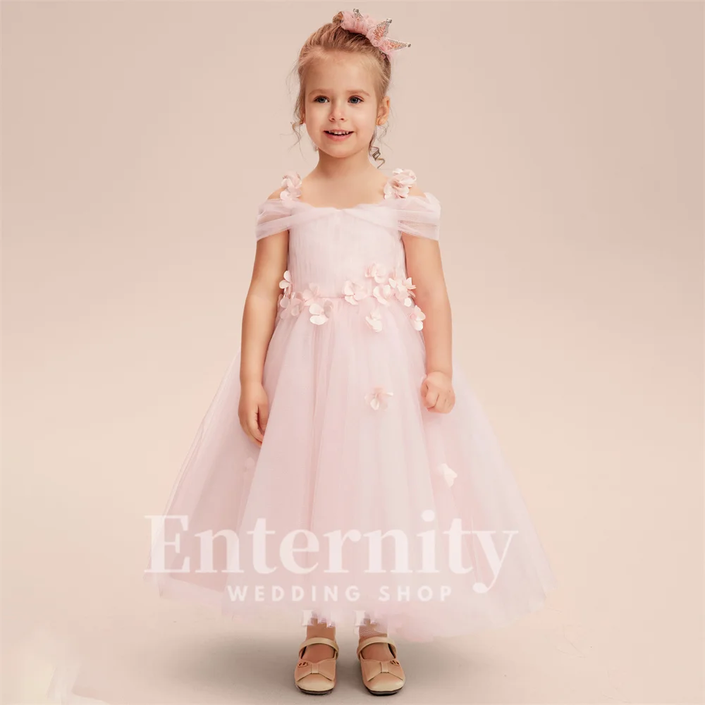 Flower Girl Dresses A Line Cold Shoulder Girls Elegant Dresses Tea-Length Tulle Flower Bow Wedding Dresses Vestidos Para Niñas