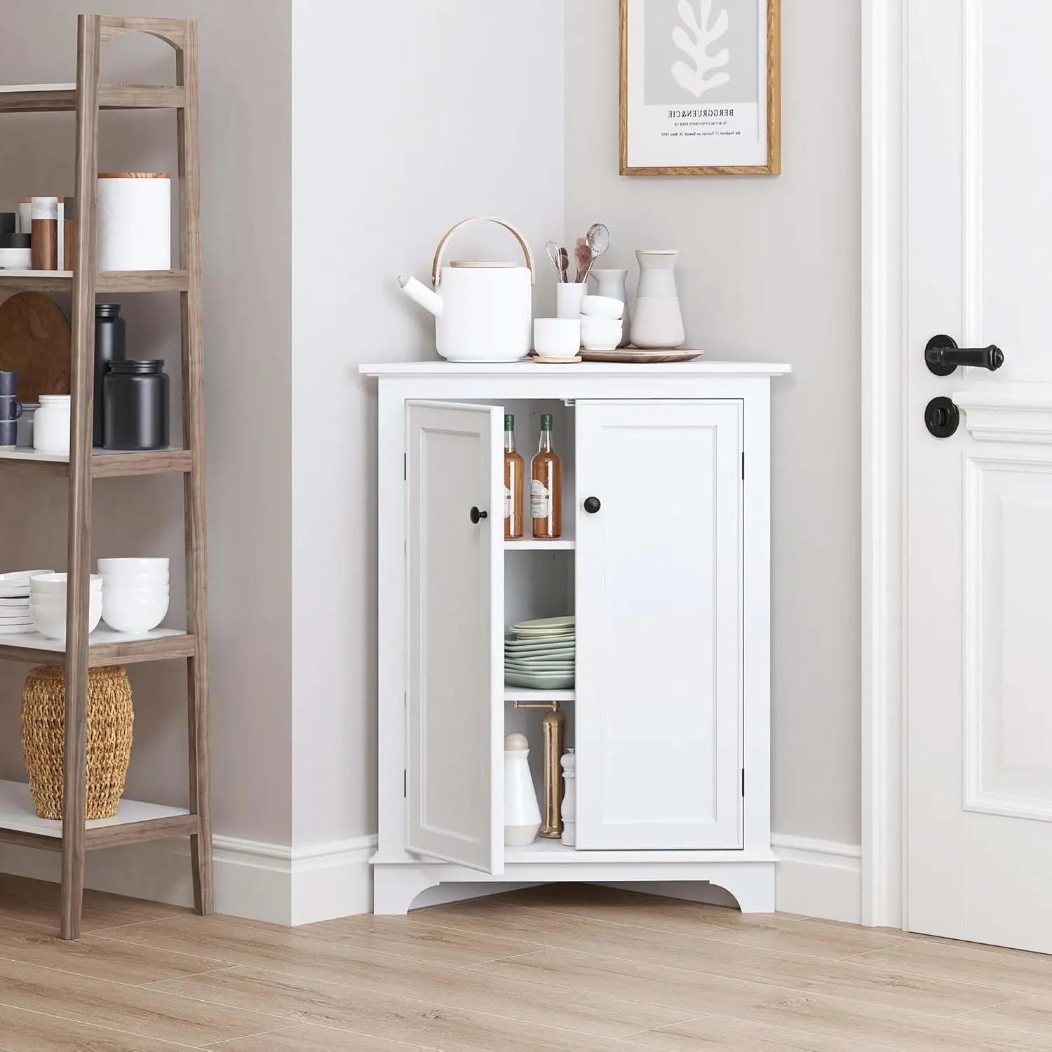 Floor Corner Cabinet with Doors and Shelves, Freestanding Bathroom Corner Storage Cabinet for Bathroom, Living Room, White