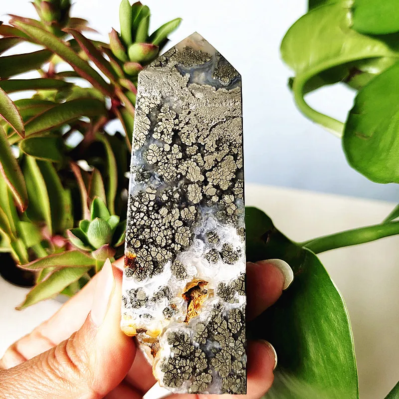 Natural Agate Crystal Tower Stone Wand Point  Room Decoration Agate and Pyrite Mineral Symbiont Ornaments Reiki Healing Crystals 3