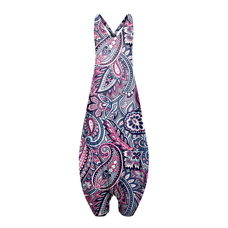 

New Casual Plus Size Women Jumpsuit Ethnic Printing Loose Fashion Beach Pants Sleeveless O Neck Sling Boho Female Jumpsuit