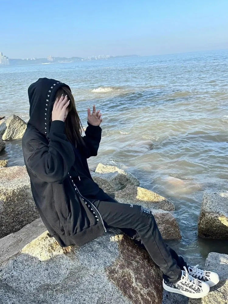 남성용 루즈핏 리벳 후드 재킷, 유니섹스 힙합 코트, 플리스 안감 재킷, 캐주얼 스트리트웨어, 가디건, 스웻셔츠 상의, 가을