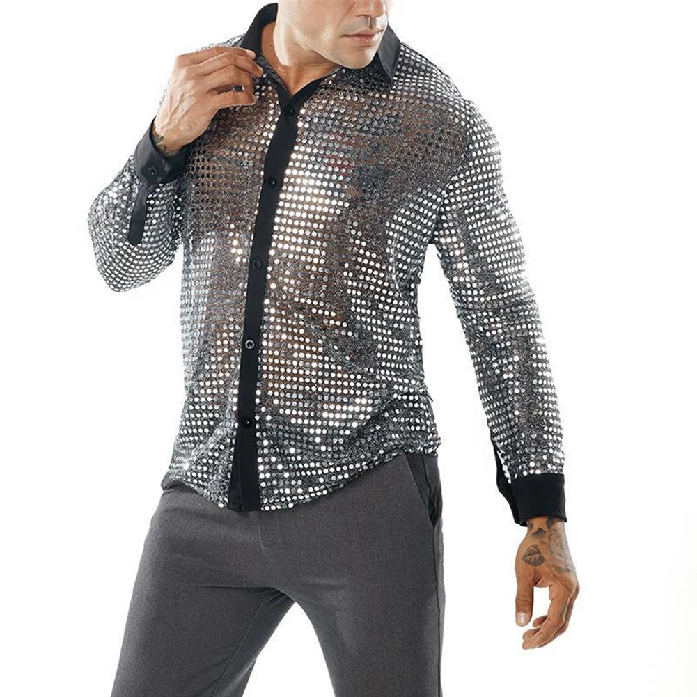 

Retro 70s Disco Nightclub Shirts Men's Sparkly Sequins Party Dance Tops Long Sleeve Shiny Silver/Gold/Black