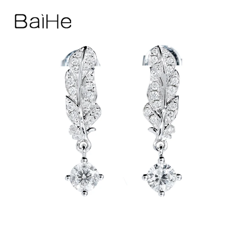 

BAIHE Solid 14K White Gold H/SI Natural Diamond Feather Stud Earrings Women Wedding Fine Jewelry Brincos penas veren oorbellen